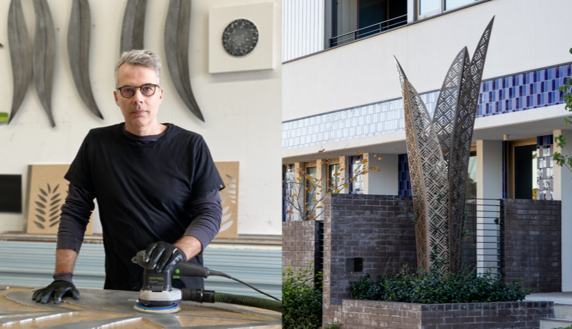 On the left, a man stands in a workshop holding a sanding tool with metal artwork behind him. On the right, a large metal sculpture is installed in a garden bed outside of an urban building.