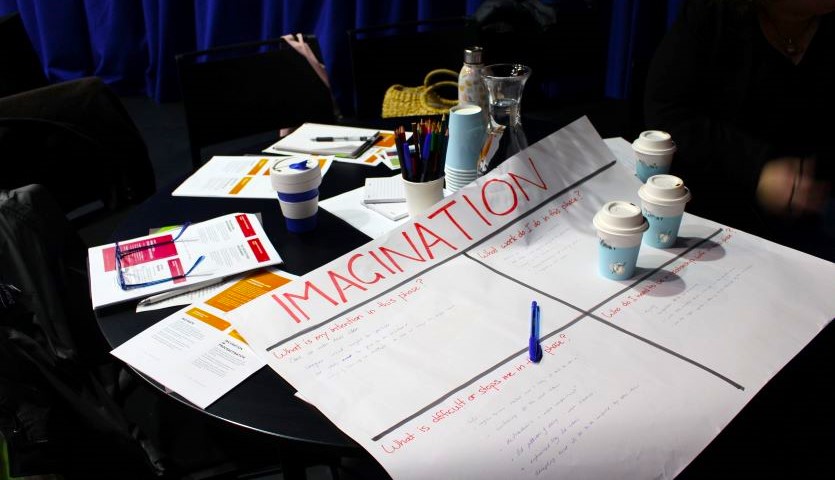 A cluttered table containing coffee cups, textas and notebooks, with a large piece of paper with Imagination written across the top.