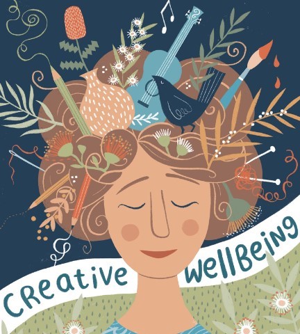 An illustrated image of a woman with various creative tools spilling out of her head, including a guitar and a paintbrush
