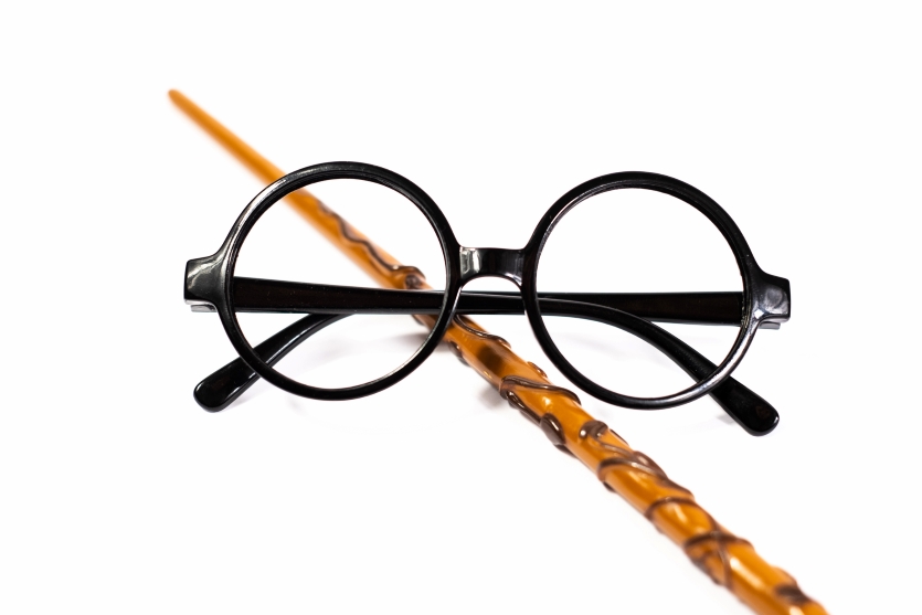 A pair of black rounded glasses with a brown wand against a white background