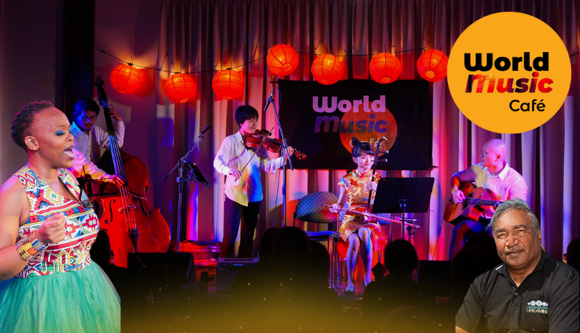 A three-person band playing string instruments is on a stage decorated the red lanterns. The image is overlaid with two other performers and a logo that says 'World Music Cafe'