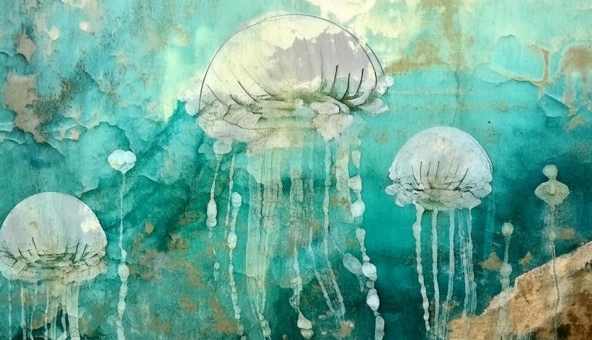 A green and teal seascape image, in watercolour style, featuring several grey jellyfish floating through the ocean