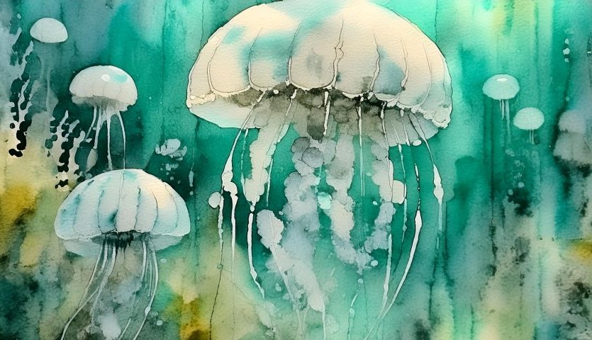 A watercolour painting using shades of green and teal, showing a number of jellyfish floating through the ocean