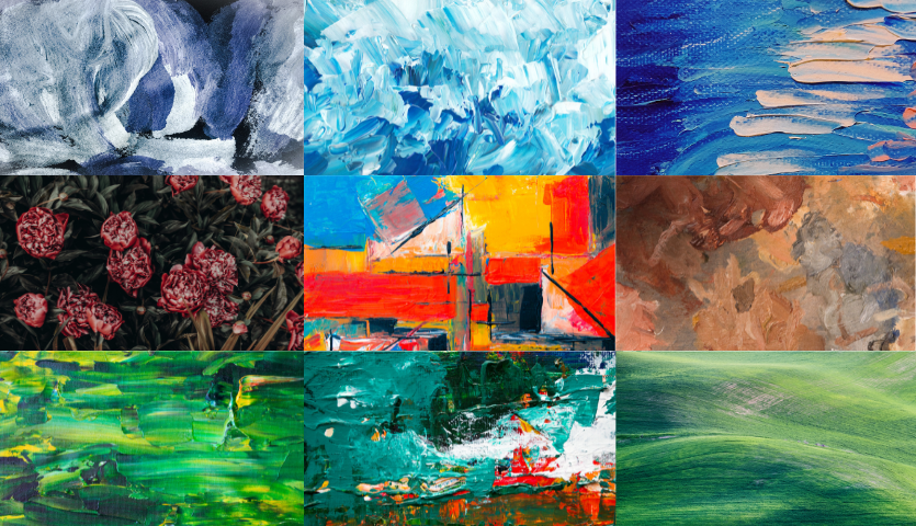 A collage of 9 paintings  arranged in a grid showing landscapes and other natural scenes