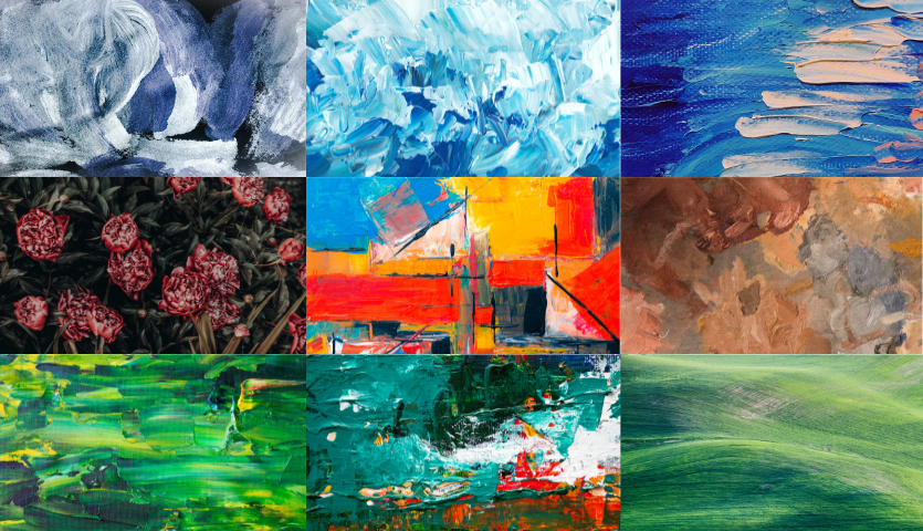 A collage of 9 paintings arranged in a grid showing landscapes and other natural scenes