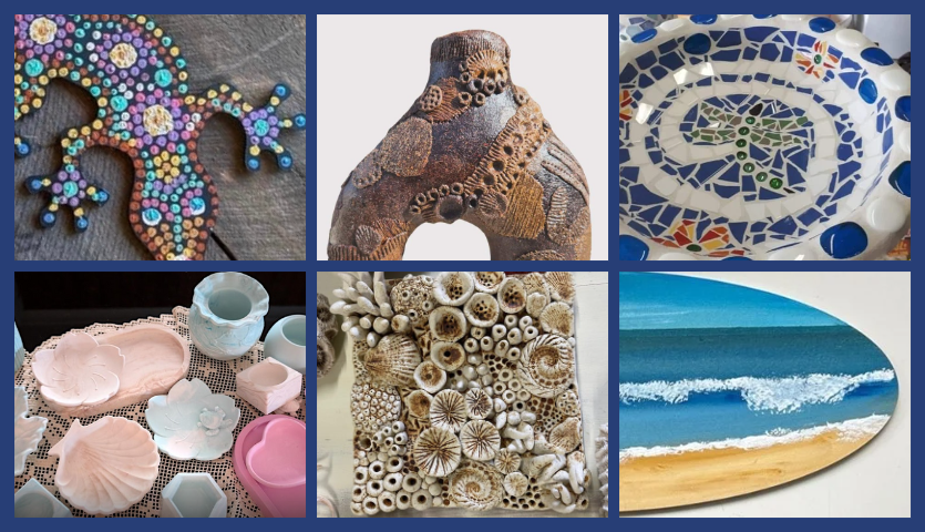 Collage of different artworks including a wooden bejewelled gecko and and mosaic bowl