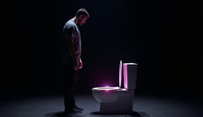 A man stands in a dark space, looking down at a toilet with an open lid and purple light emanating from the bowl.