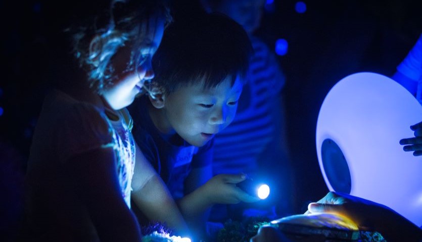 Two small children are in a darkened space, holding up a torch to a puppet with large eyes. They are smiling.