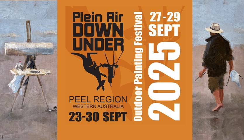 An orange logo in the centre of the image says 'Plein Air Down Under' and includes the festival dates of 27-29 September 2025. The logo is flanked by two paintings, one of a painting on an easel, one of the back of a man walking on a beach