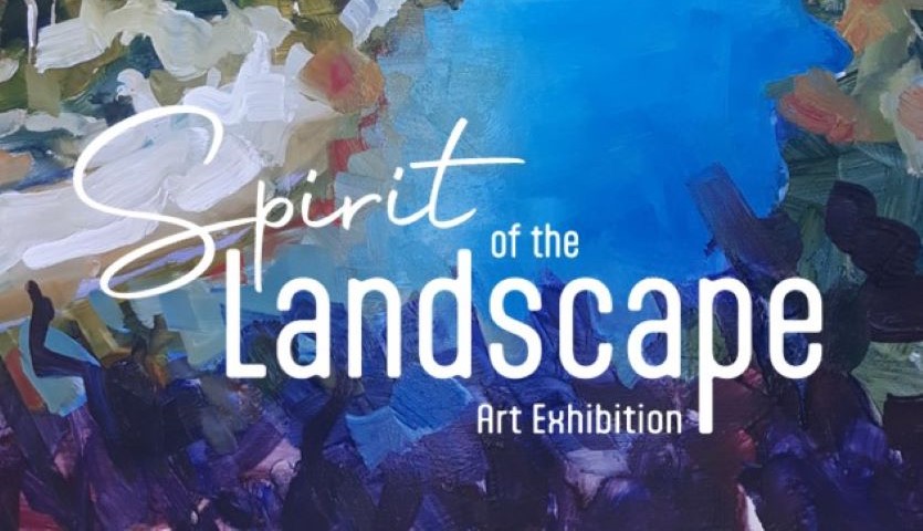 An abstract landscape painting of a river, bank and trees, with a large logo including the text Spirit of the Landscape Art Exhibition