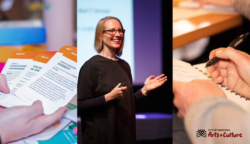 A series of three images - the first shows a pair of hands holding cards with writing on them, the second shows a blonde woman standing in front of a screen, speaking to someone, the third shows a close up of hands writing something in a notebook.