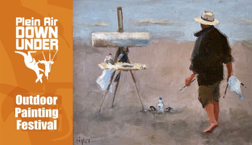 A painting of a man with a brush in hand, preparing to paint a water-side location, with an orange logo on the left that says 'Plein Air Down Under Outdoor Painting Festival'