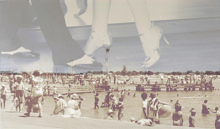 Old sepia photograph showing a crowd of people enjoying a sunny day on the foreshore, with a black and white image of dancing shoes in the sky