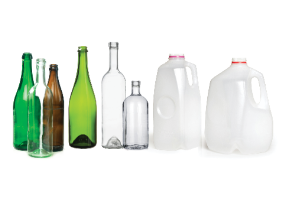 A row of taller bottles and plastic bottles that cannot be disposed of in the container scheme