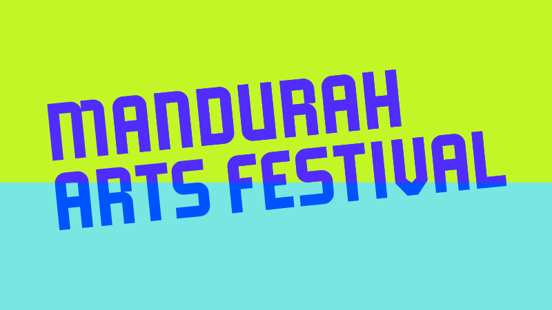 Mandurah Arts Festival wording on a green background, being submerged into light blue 