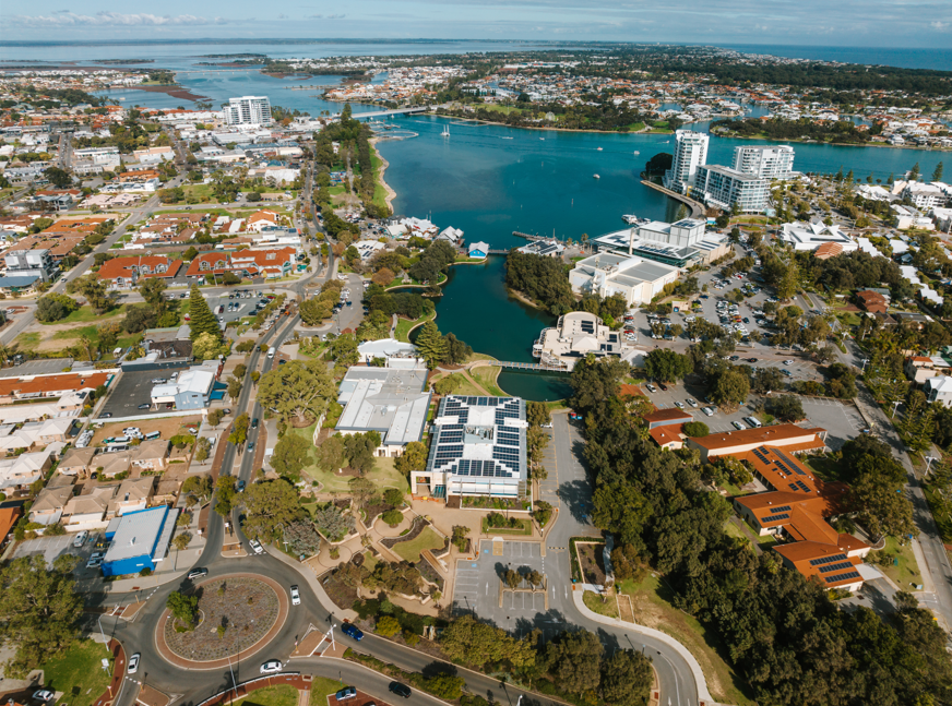 Aerial view of Mandurah including City Centre and waterways