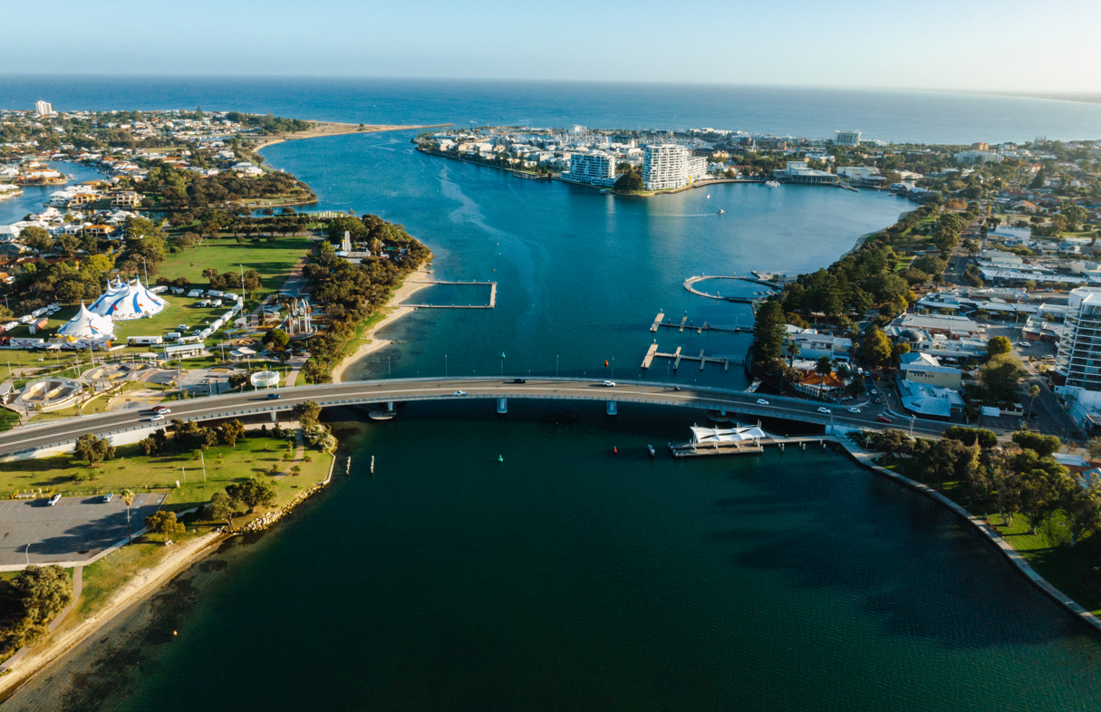 Bird's eye view of Mandurah estuary showing Western and Eastern Foreshores