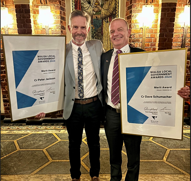 Two councillors stand side by side smiling with award