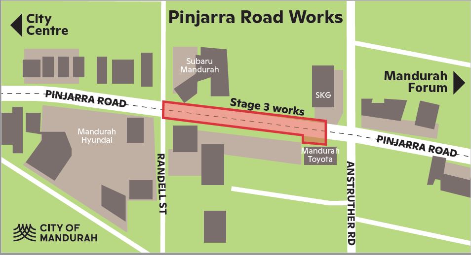Map of Pinjarra Road and surrounds showing where roadworks will occur