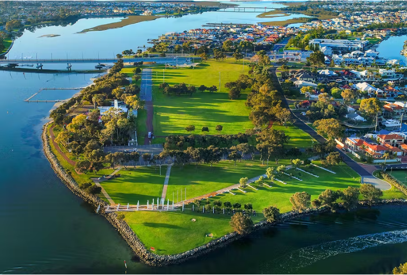Aerial view of Mandurah's Western Foreshore, looking south from the War Memorial