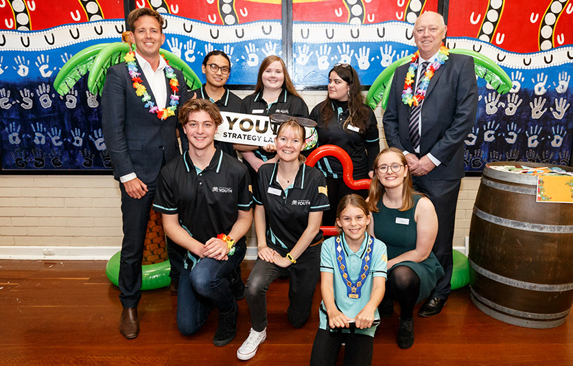 Mayor Rhys Williams, WA Commissioner for Children and Young People Colin Pettit, Junior Mayor Tamsyn Hill and members of the Youth Advisory Group pose for a group photo at the launch