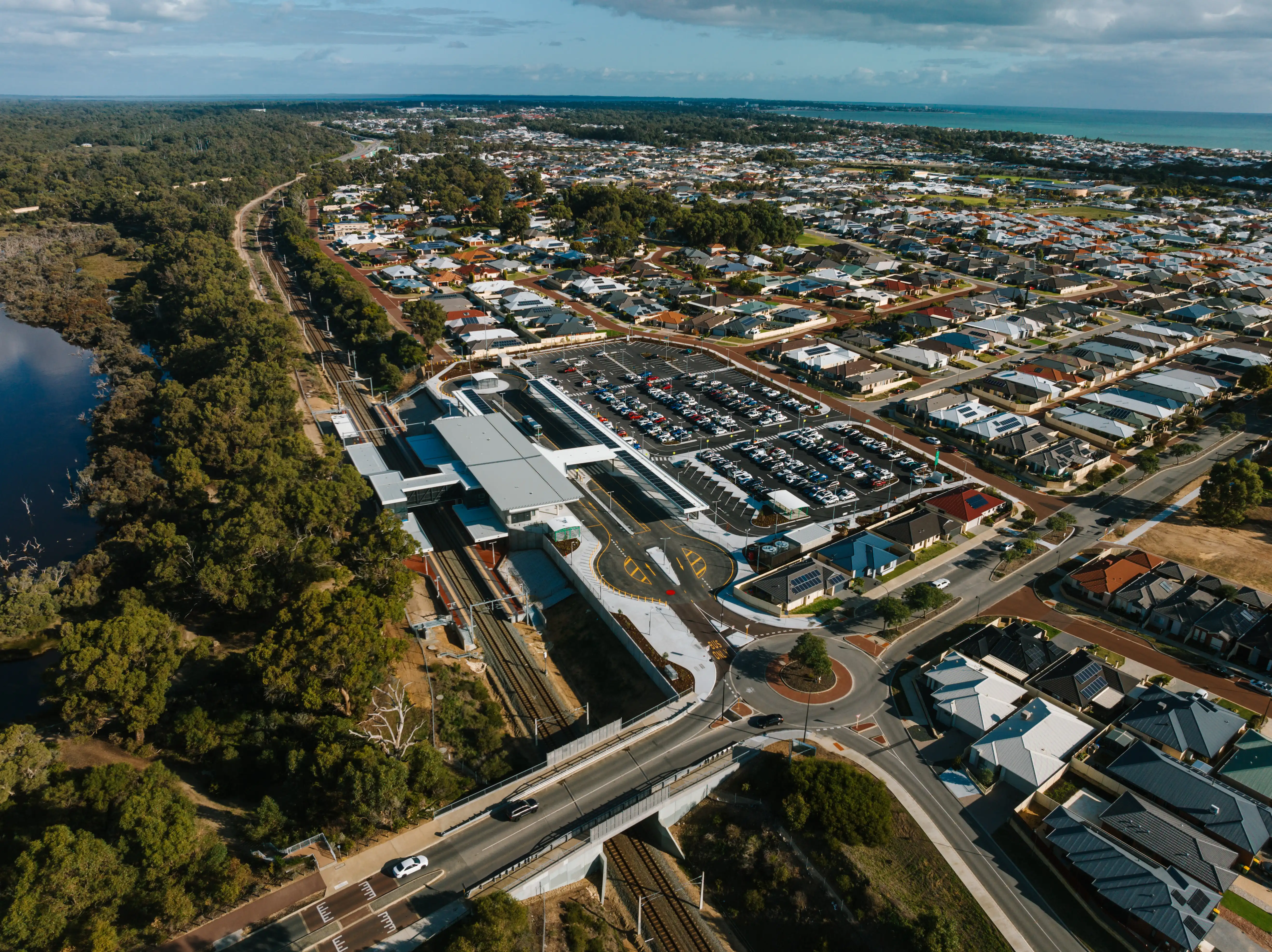 Aerial view of the waterways and residential area of Mandurah
